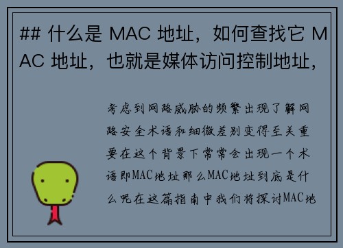 ## 什么是 MAC 地址，如何查找它 MAC 地址，也就是媒体访问控制地址，是分配给网络接口的